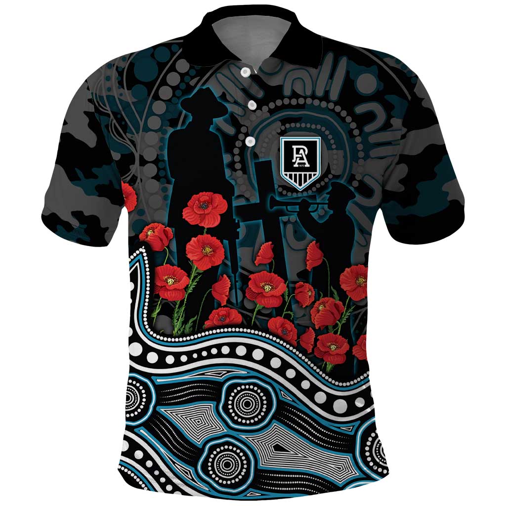 Port Adelaide Power ANZAC Day Polo Shirt Indigenous Dot Art with Poppy Flower Tribute