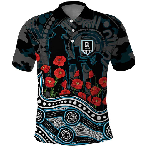 Port Adelaide Power ANZAC Day Polo Shirt Indigenous Dot Art with Poppy Flower Tribute