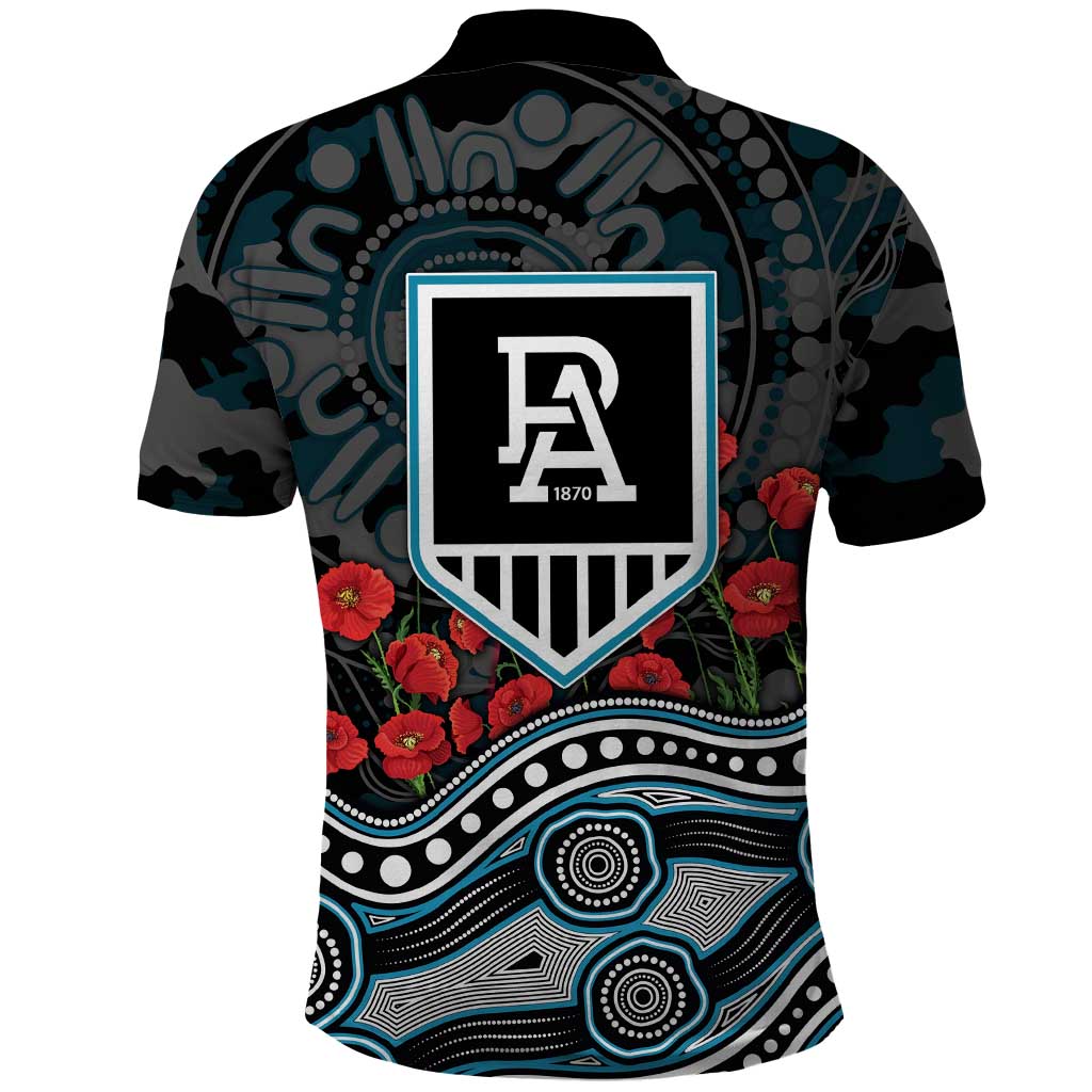 Port Adelaide Power ANZAC Day Polo Shirt Indigenous Dot Art with Poppy Flower Tribute