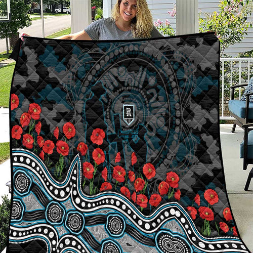 Port Adelaide Power ANZAC Day Quilt Indigenous Dot Art with Poppy Flower Tribute