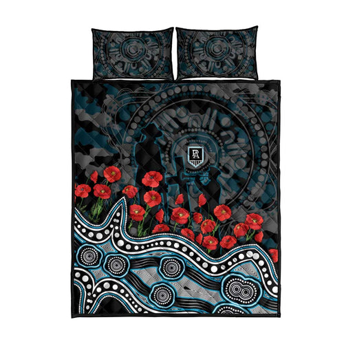 Port Adelaide Power ANZAC Day Quilt Bed Set Indigenous Dot Art with Poppy Flower Tribute