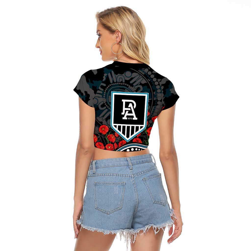 Port Adelaide Power ANZAC Day Raglan Cropped T Shirt Indigenous Dot Art with Poppy Flower Tribute