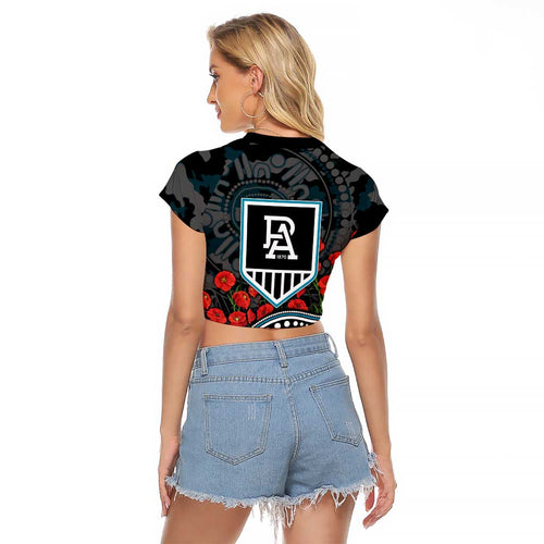 Port Adelaide Power ANZAC Day Raglan Cropped T Shirt Indigenous Dot Art with Poppy Flower Tribute