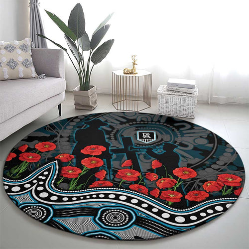 Port Adelaide Power ANZAC Day Round Carpet Indigenous Dot Art with Poppy Flower Tribute
