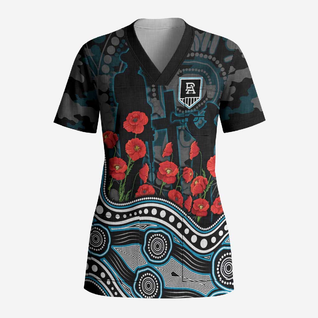 Port Adelaide Power ANZAC Day Scrub Top Indigenous Dot Art with Poppy Flower Tribute