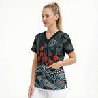 Port Adelaide Power ANZAC Day Scrub Top Indigenous Dot Art with Poppy Flower Tribute