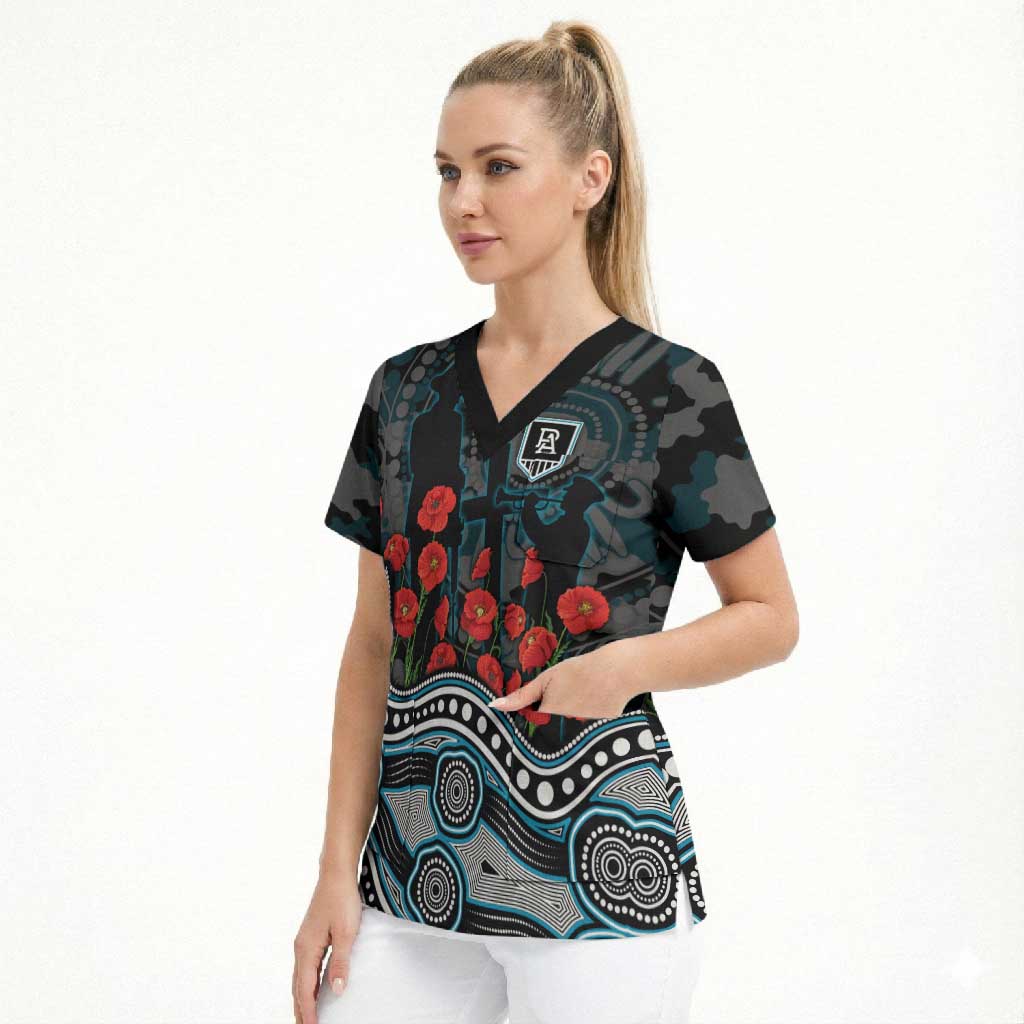Port Adelaide Power ANZAC Day Scrub Top Indigenous Dot Art with Poppy Flower Tribute