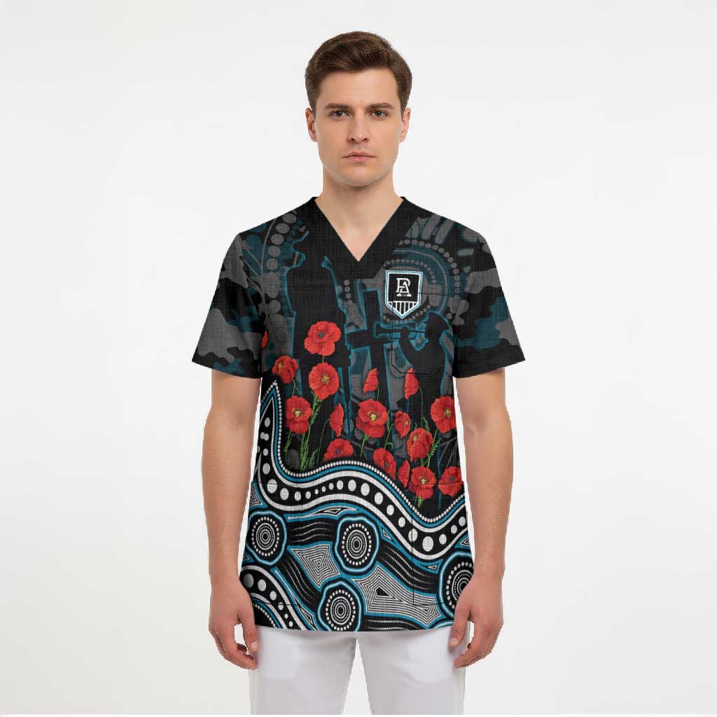 Port Adelaide Power ANZAC Day Scrub Top Indigenous Dot Art with Poppy Flower Tribute