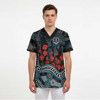 Port Adelaide Power ANZAC Day Scrub Top Indigenous Dot Art with Poppy Flower Tribute