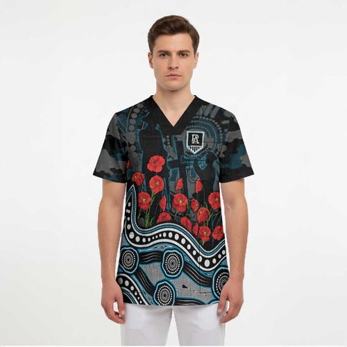 Port Adelaide Power ANZAC Day Scrub Top Indigenous Dot Art with Poppy Flower Tribute