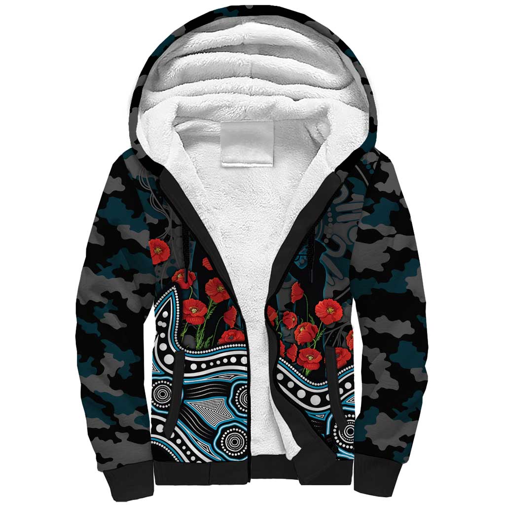 Port Adelaide Power ANZAC Day Sherpa Hoodie Indigenous Dot Art with Poppy Flower Tribute
