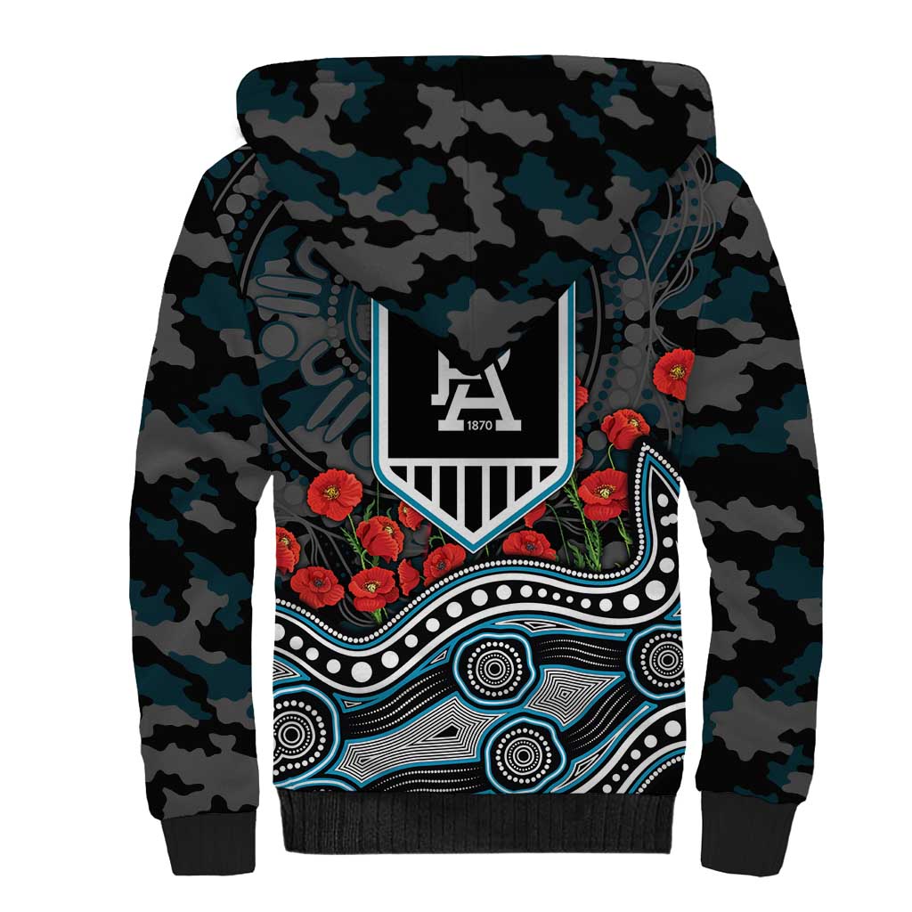 Port Adelaide Power ANZAC Day Sherpa Hoodie Indigenous Dot Art with Poppy Flower Tribute