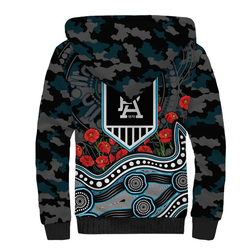 Port Adelaide Power ANZAC Day Sherpa Hoodie Indigenous Dot Art with Poppy Flower Tribute