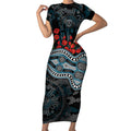Port Adelaide Power ANZAC Day Short Sleeve Bodycon Dress Indigenous Dot Art with Poppy Flower Tribute