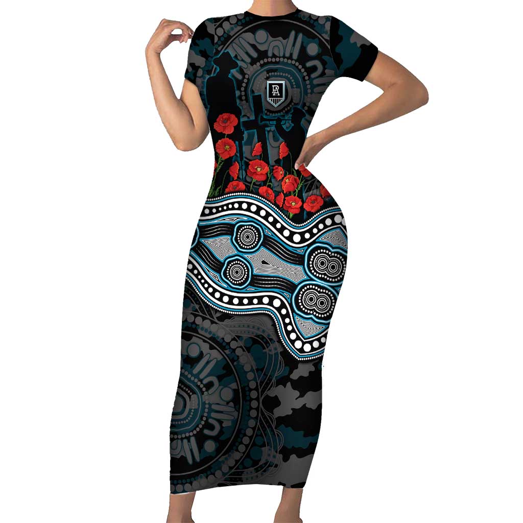 Port Adelaide Power ANZAC Day Short Sleeve Bodycon Dress Indigenous Dot Art with Poppy Flower Tribute