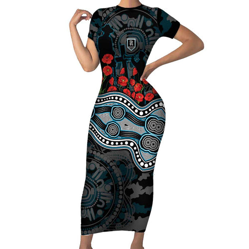 Port Adelaide Power ANZAC Day Short Sleeve Bodycon Dress Indigenous Dot Art with Poppy Flower Tribute