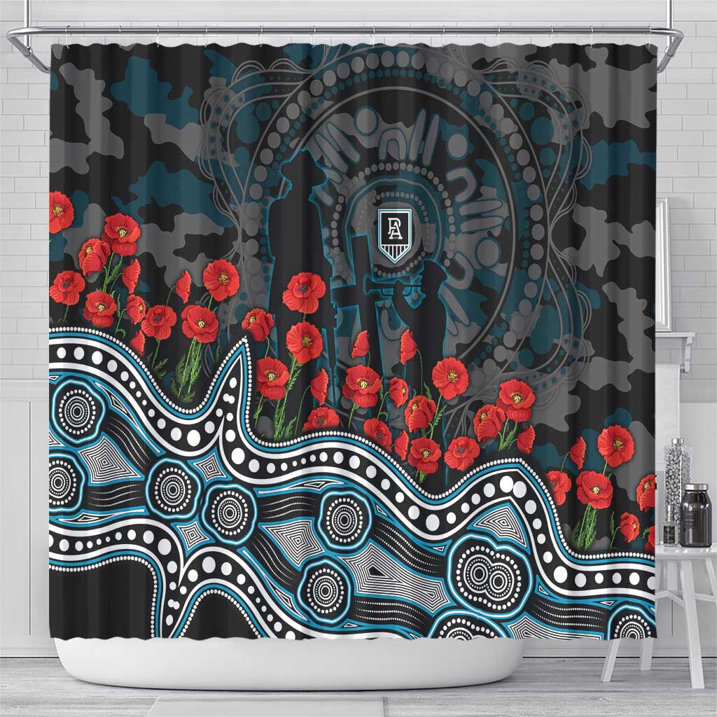 Port Adelaide Power ANZAC Day Shower Curtain Indigenous Dot Art with Poppy Flower Tribute