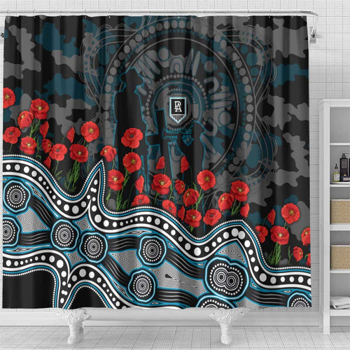 Port Adelaide Power ANZAC Day Shower Curtain Indigenous Dot Art with Poppy Flower Tribute