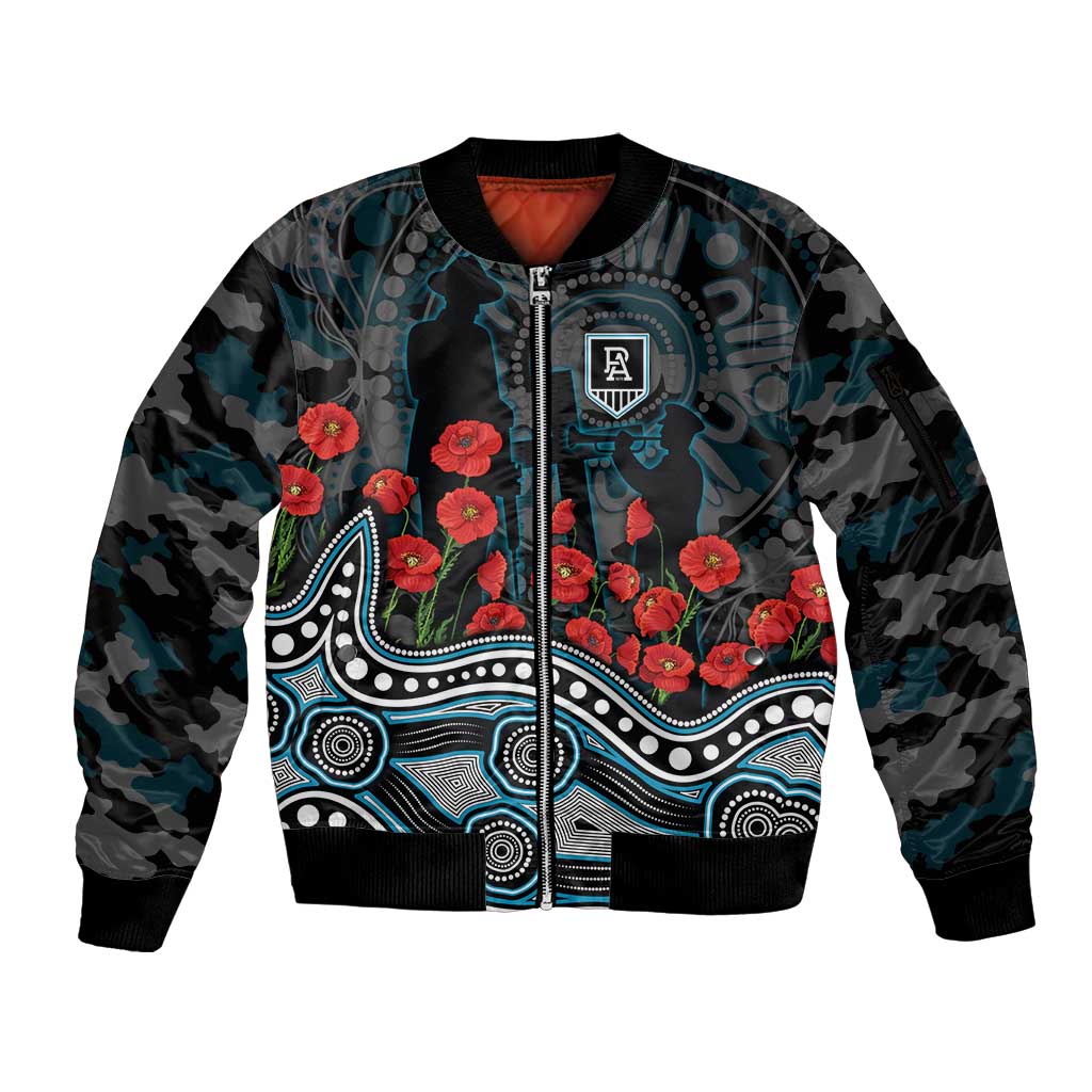 Port Adelaide Power ANZAC Day Sleeve Zip Bomber Jacket Indigenous Dot Art with Poppy Flower Tribute