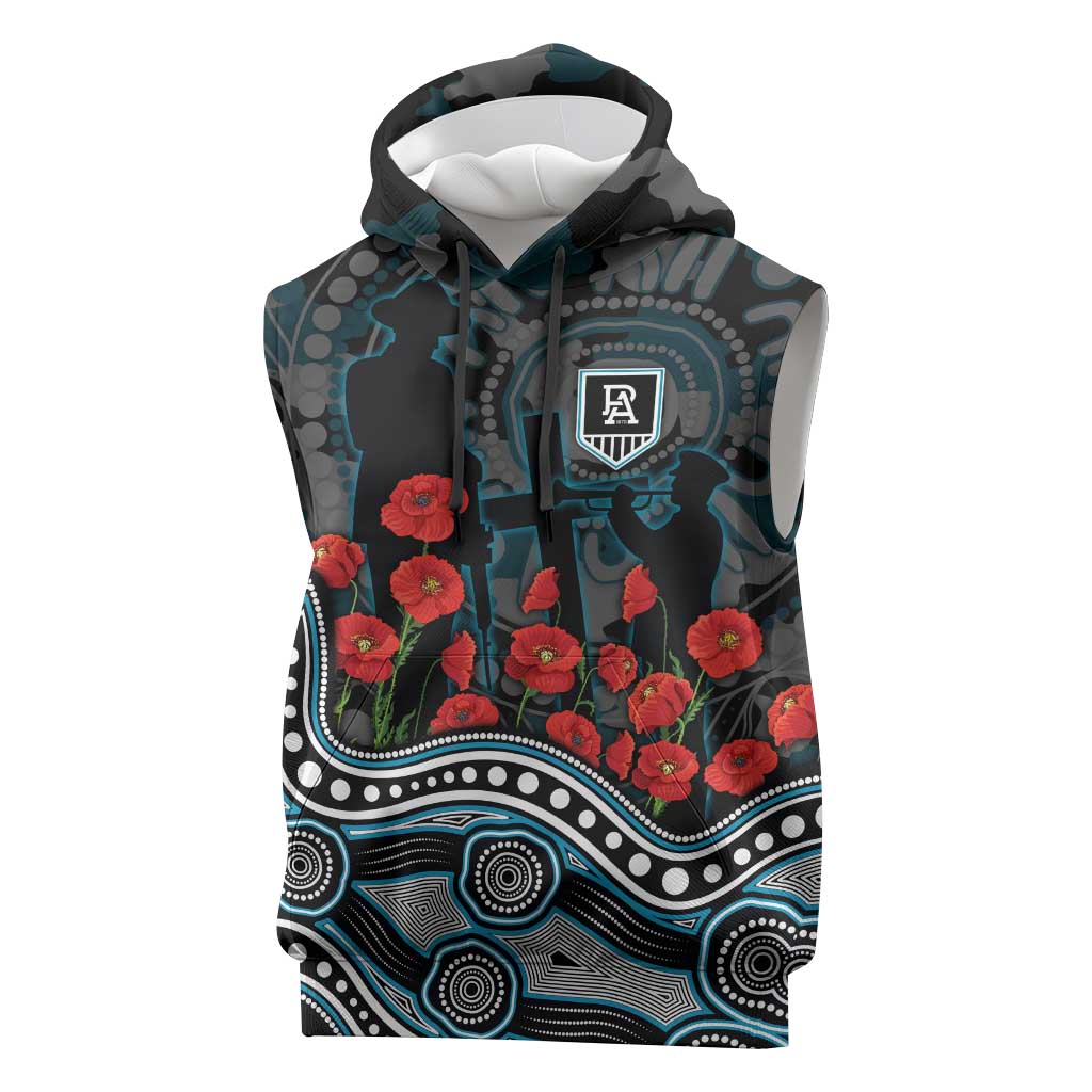 Port Adelaide Power ANZAC Day Sleeveless Hoodie Indigenous Dot Art with Poppy Flower Tribute