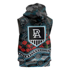 Port Adelaide Power ANZAC Day Sleeveless Hoodie Indigenous Dot Art with Poppy Flower Tribute