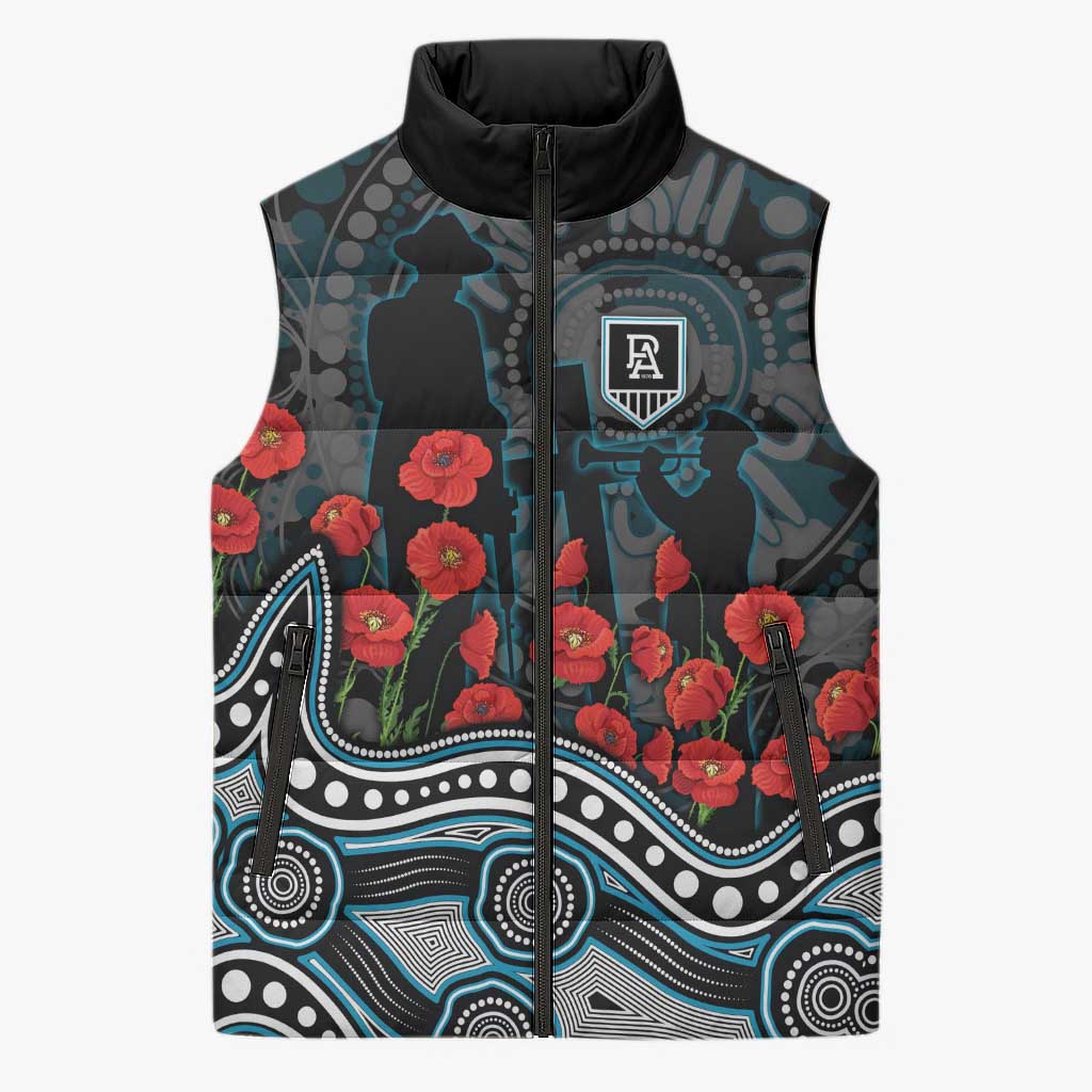 Port Adelaide Power ANZAC Day Sleeveless Puffer Jacket Indigenous Dot Art with Poppy Flower Tribute