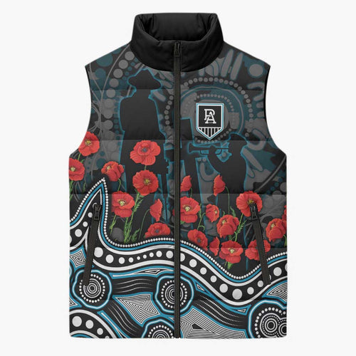 Port Adelaide Power ANZAC Day Sleeveless Puffer Jacket Indigenous Dot Art with Poppy Flower Tribute
