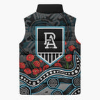 Port Adelaide Power ANZAC Day Sleeveless Puffer Jacket Indigenous Dot Art with Poppy Flower Tribute