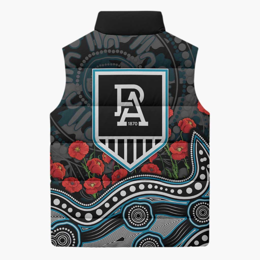 Port Adelaide Power ANZAC Day Sleeveless Puffer Jacket Indigenous Dot Art with Poppy Flower Tribute