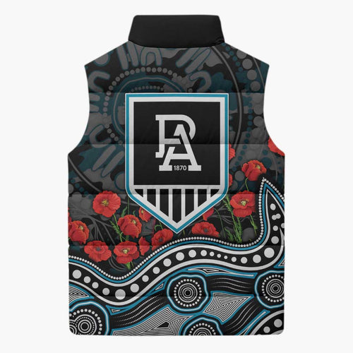 Port Adelaide Power ANZAC Day Sleeveless Puffer Jacket Indigenous Dot Art with Poppy Flower Tribute