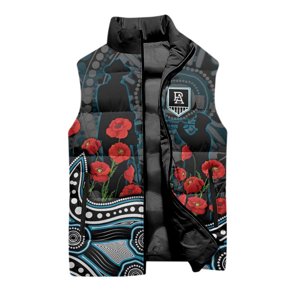 Port Adelaide Power ANZAC Day Sleeveless Puffer Jacket Indigenous Dot Art with Poppy Flower Tribute