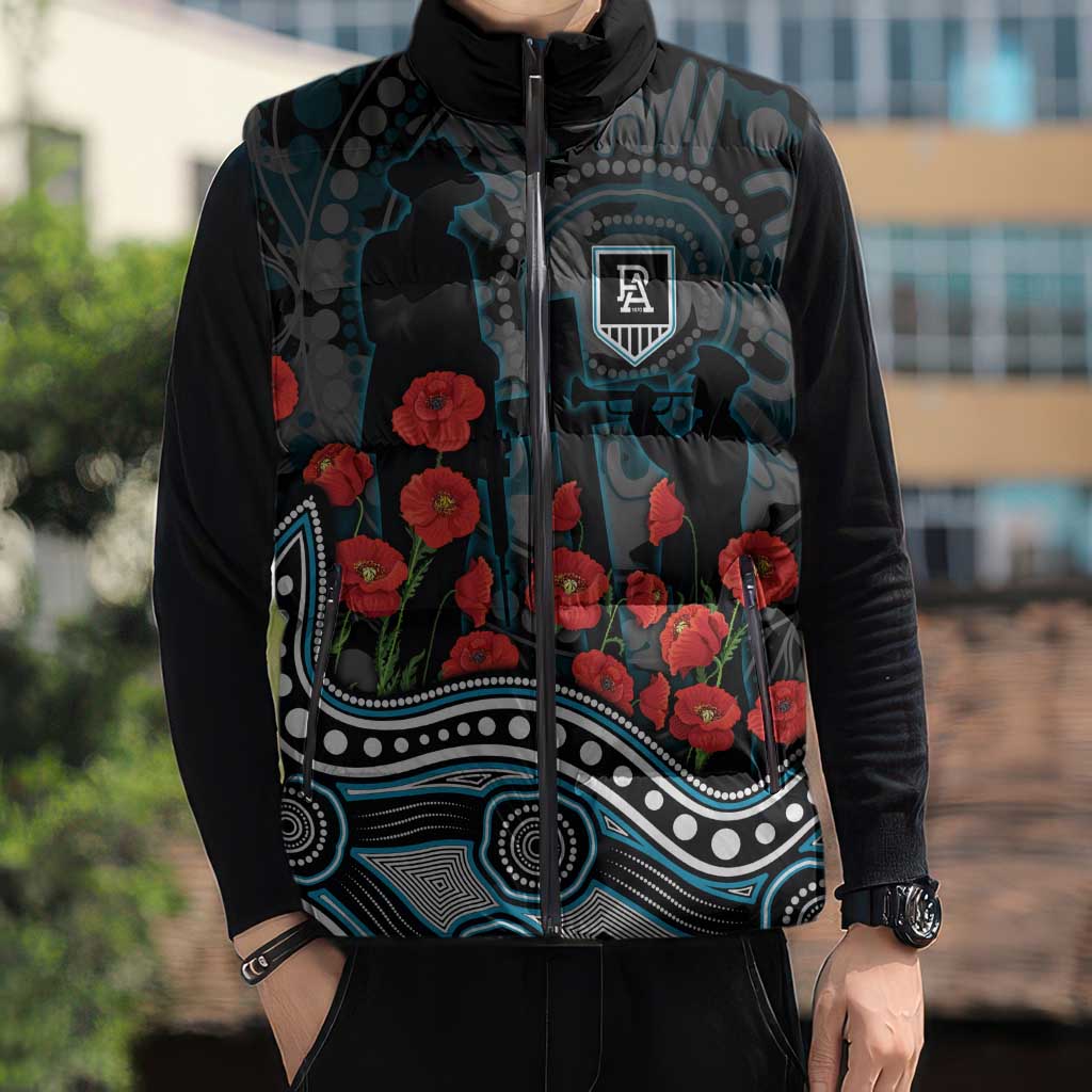 Port Adelaide Power ANZAC Day Sleeveless Puffer Jacket Indigenous Dot Art with Poppy Flower Tribute