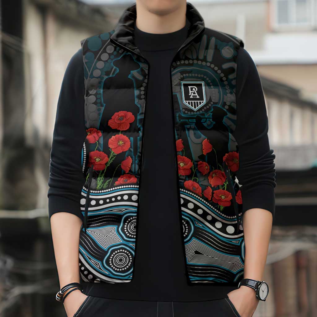 Port Adelaide Power ANZAC Day Sleeveless Puffer Jacket Indigenous Dot Art with Poppy Flower Tribute