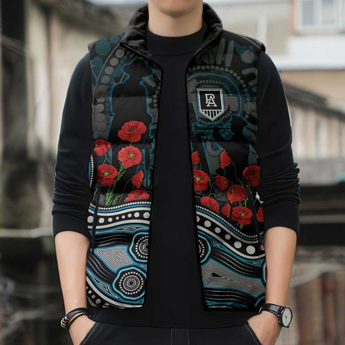 Port Adelaide Power ANZAC Day Sleeveless Puffer Jacket Indigenous Dot Art with Poppy Flower Tribute