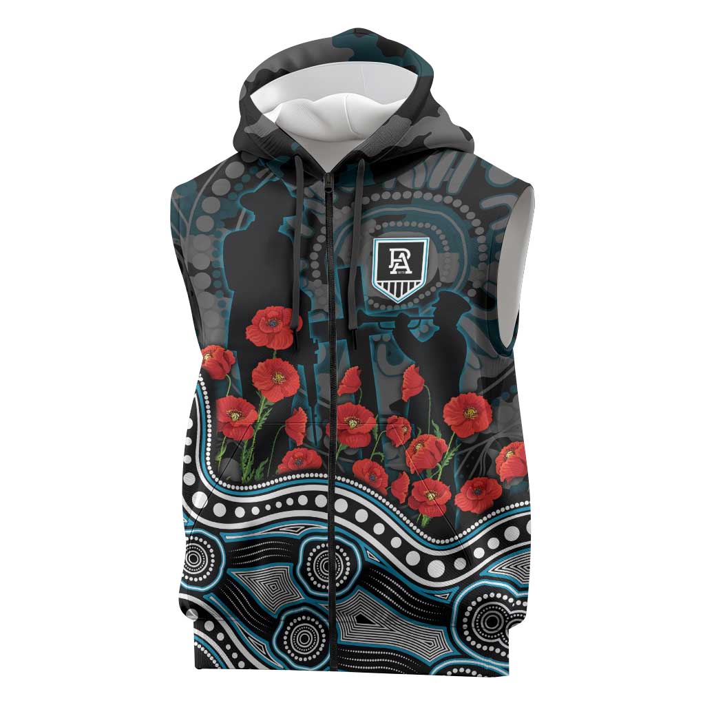 Port Adelaide Power ANZAC Day Sleeveless Zip Hoodie Indigenous Dot Art with Poppy Flower Tribute