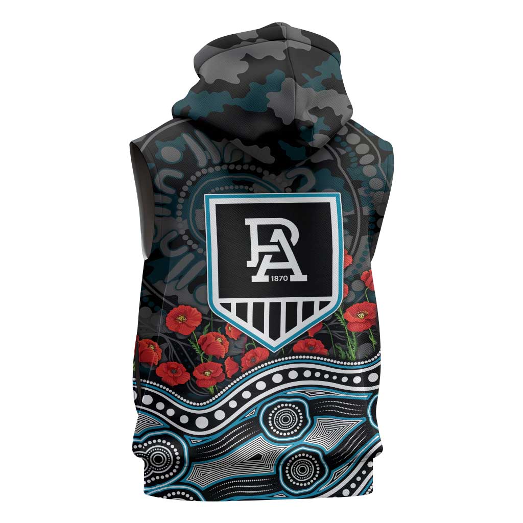 Port Adelaide Power ANZAC Day Sleeveless Zip Hoodie Indigenous Dot Art with Poppy Flower Tribute