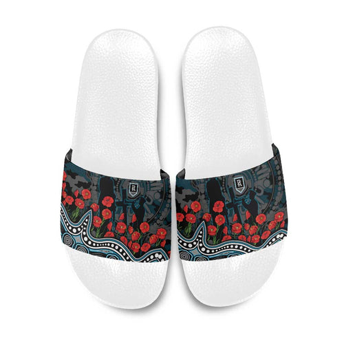 Port Adelaide Power ANZAC Day Slide Sandals Indigenous Dot Art with Poppy Flower Tribute