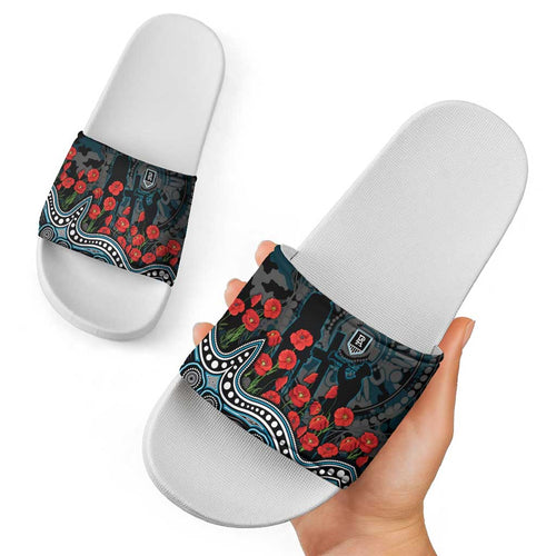Port Adelaide Power ANZAC Day Slide Sandals Indigenous Dot Art with Poppy Flower Tribute