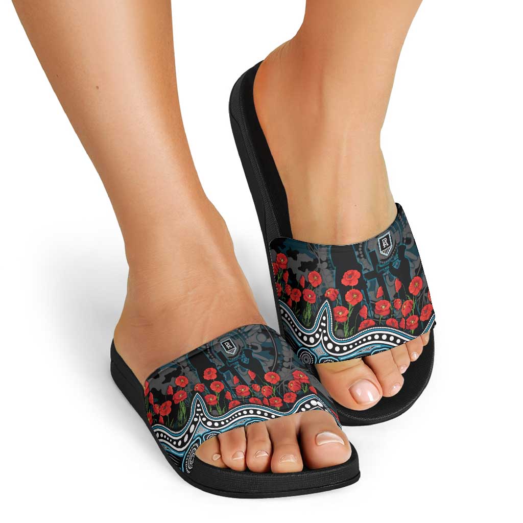 Port Adelaide Power ANZAC Day Slide Sandals Indigenous Dot Art with Poppy Flower Tribute