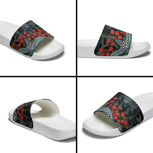 Port Adelaide Power ANZAC Day Slide Sandals Indigenous Dot Art with Poppy Flower Tribute
