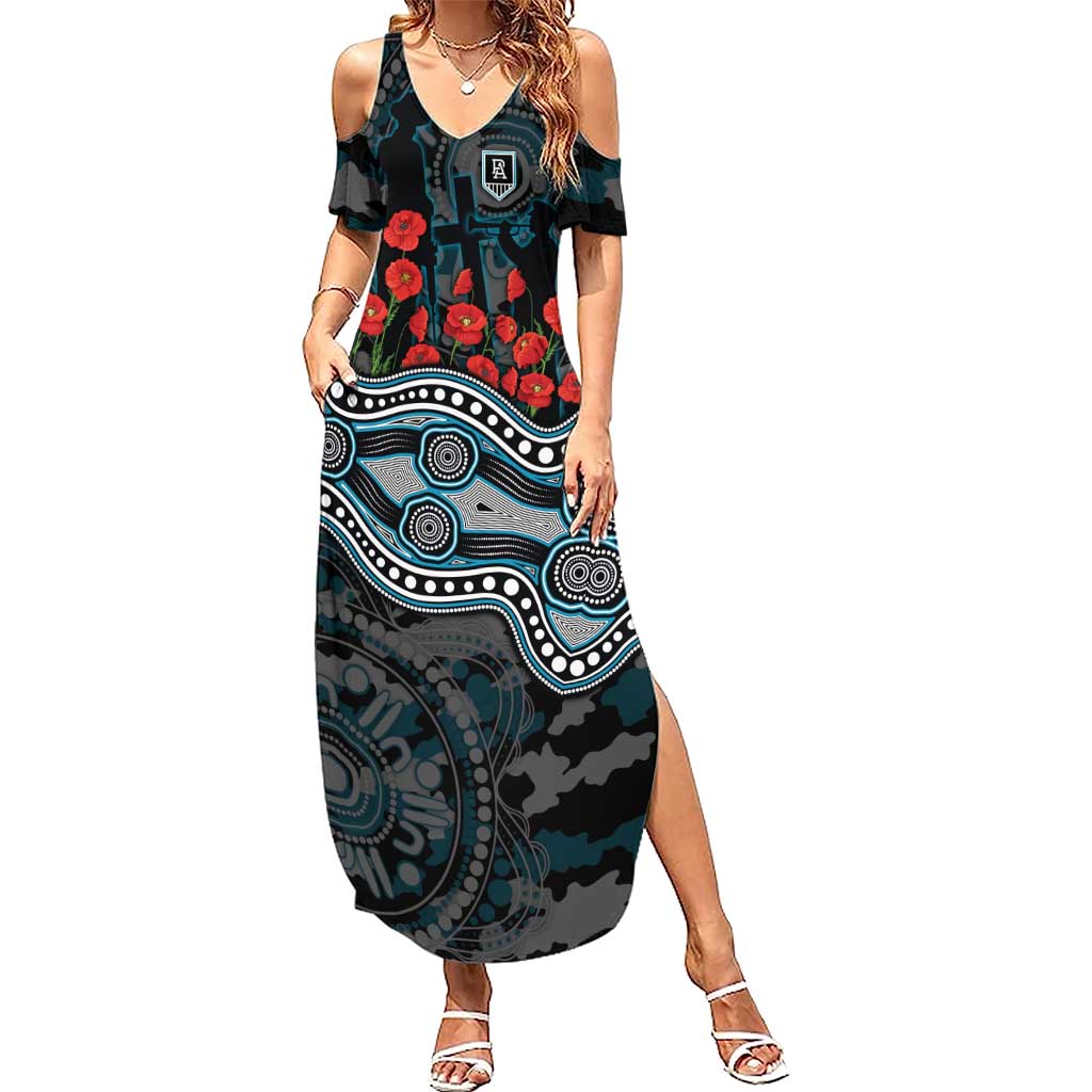 Port Adelaide Power ANZAC Day Summer Maxi Dress Indigenous Dot Art with Poppy Flower Tribute