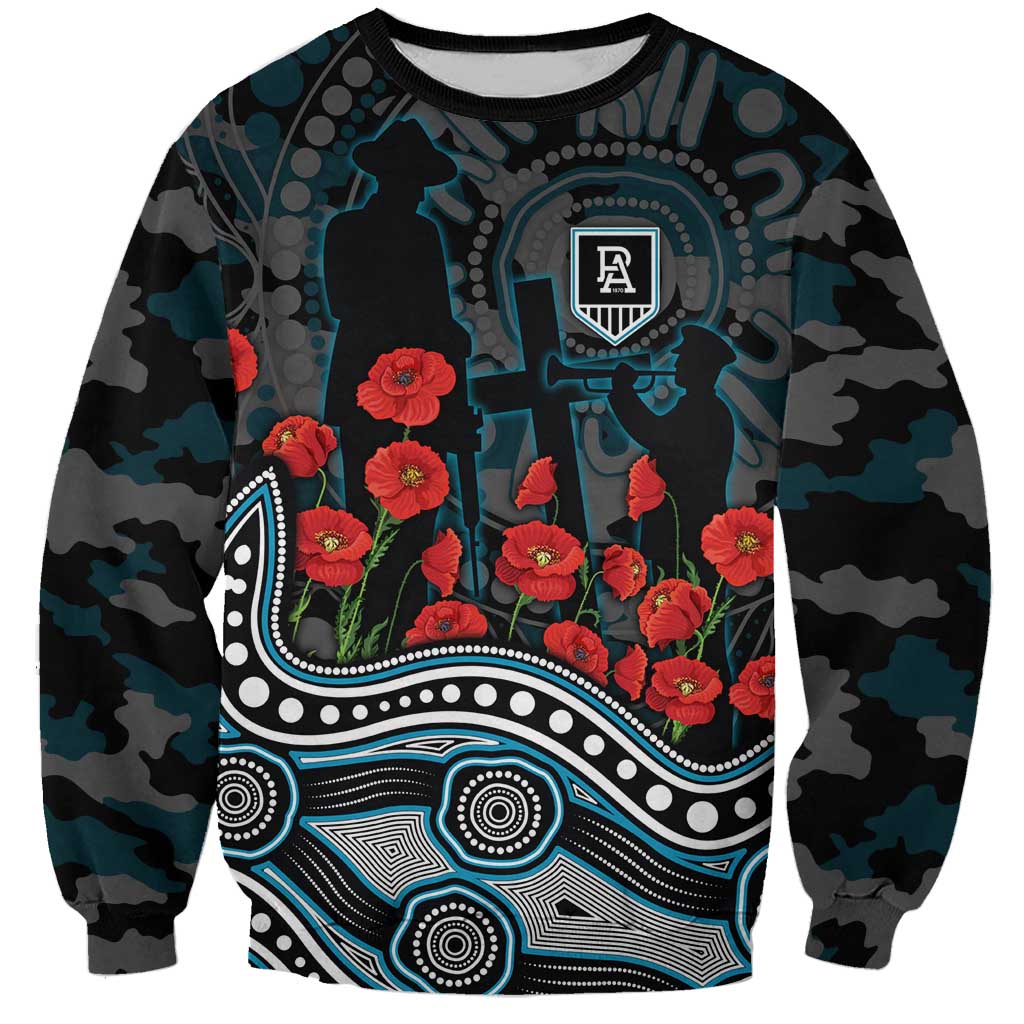 Port Adelaide Power ANZAC Day Sweatshirt Indigenous Dot Art with Poppy Flower Tribute