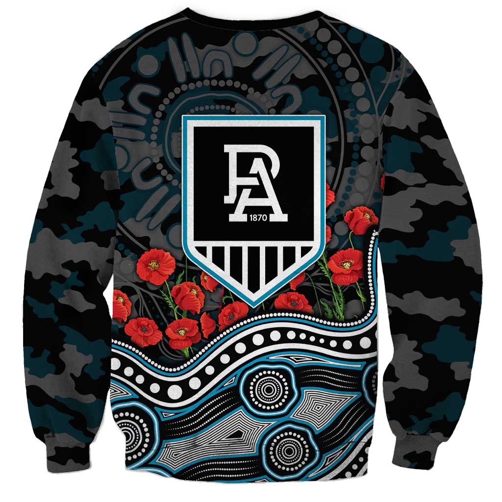 Port Adelaide Power ANZAC Day Sweatshirt Indigenous Dot Art with Poppy Flower Tribute
