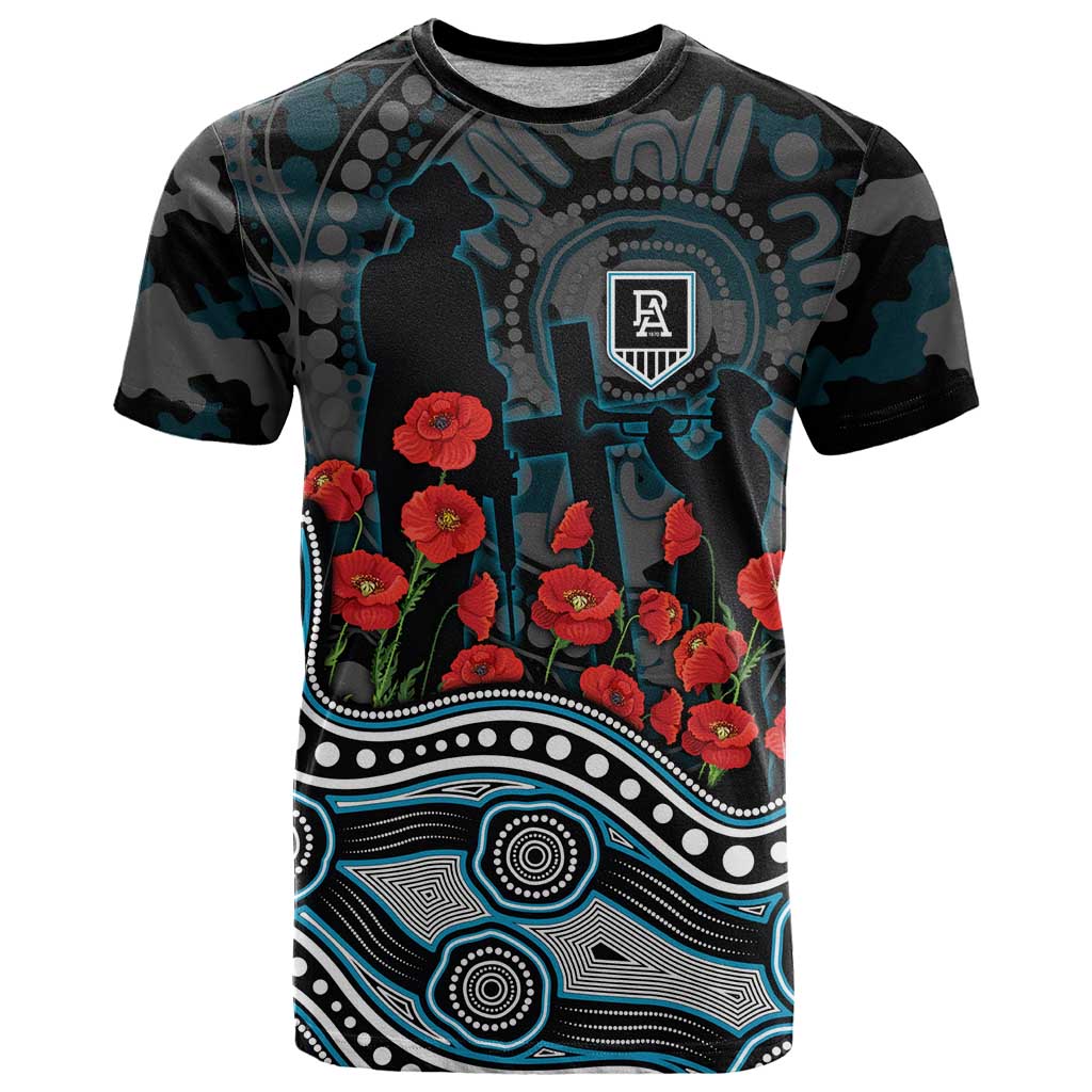 Port Adelaide Power ANZAC Day T Shirt Indigenous Dot Art with Poppy Flower Tribute