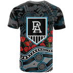 Port Adelaide Power ANZAC Day T Shirt Indigenous Dot Art with Poppy Flower Tribute
