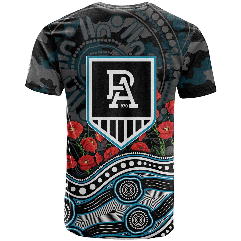 Port Adelaide Power ANZAC Day T Shirt Indigenous Dot Art with Poppy Flower Tribute