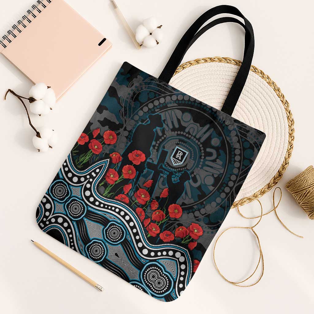 Port Adelaide Power ANZAC Day Tote Bag Indigenous Dot Art with Poppy Flower Tribute