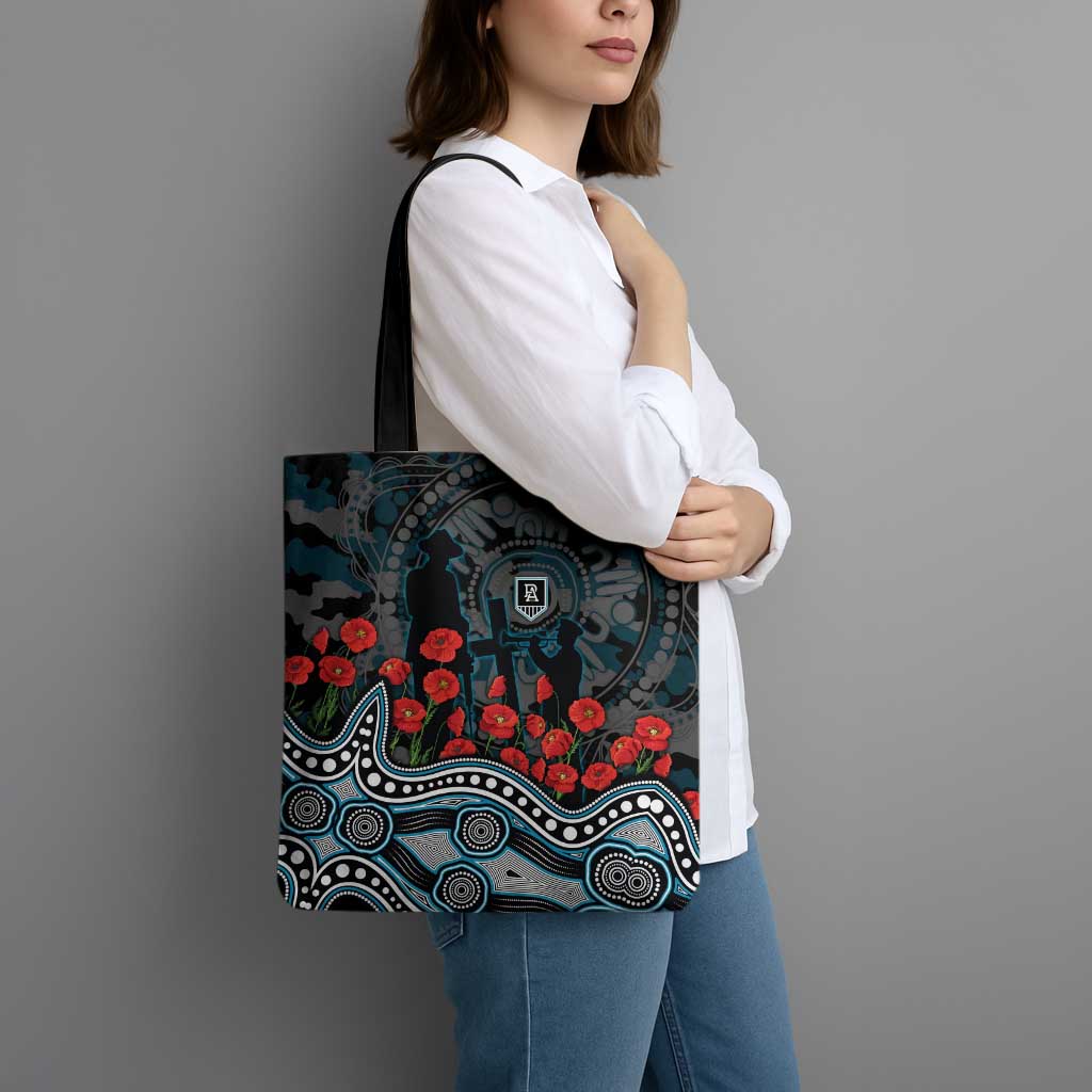 Port Adelaide Power ANZAC Day Tote Bag Indigenous Dot Art with Poppy Flower Tribute