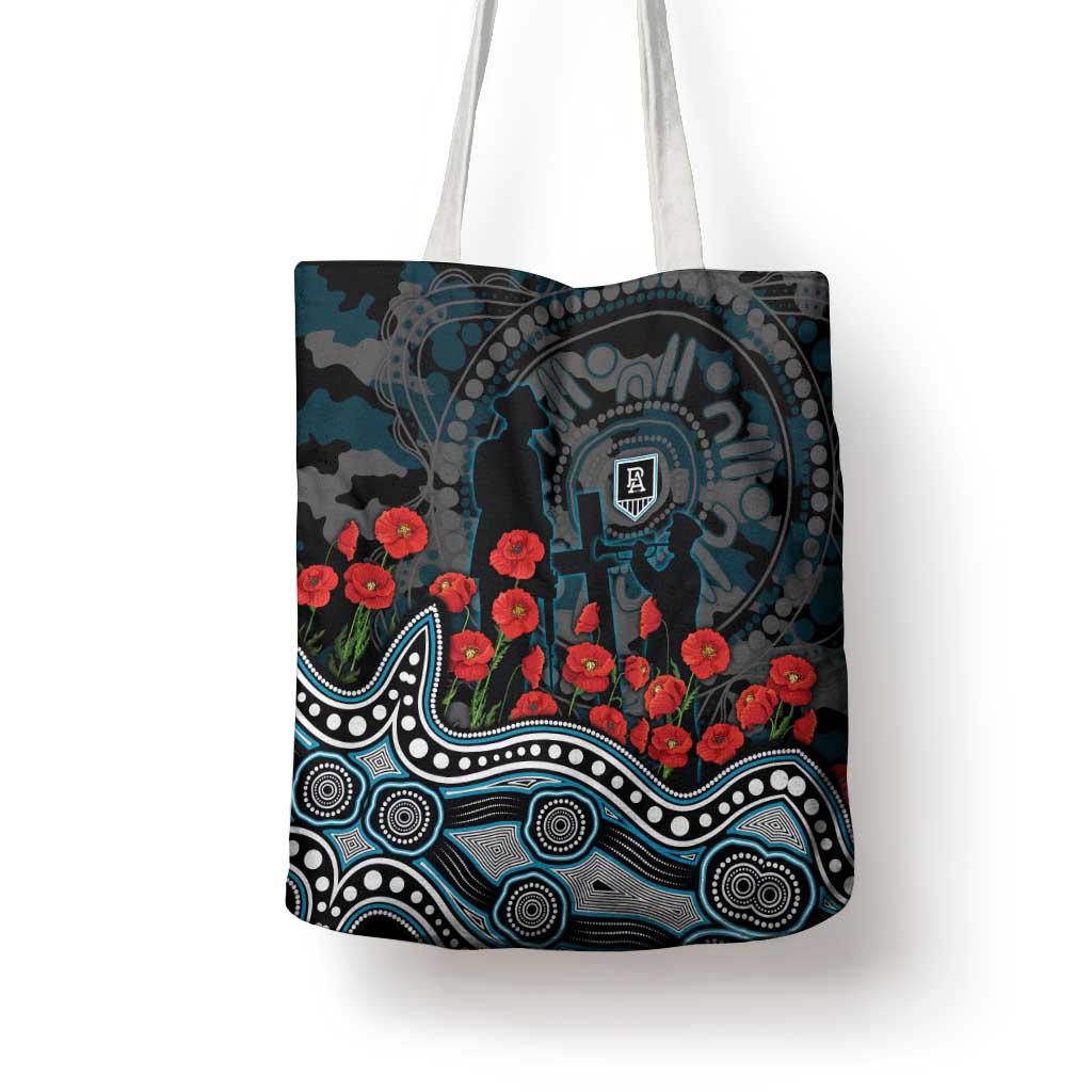 Port Adelaide Power ANZAC Day Tote Bag Indigenous Dot Art with Poppy Flower Tribute