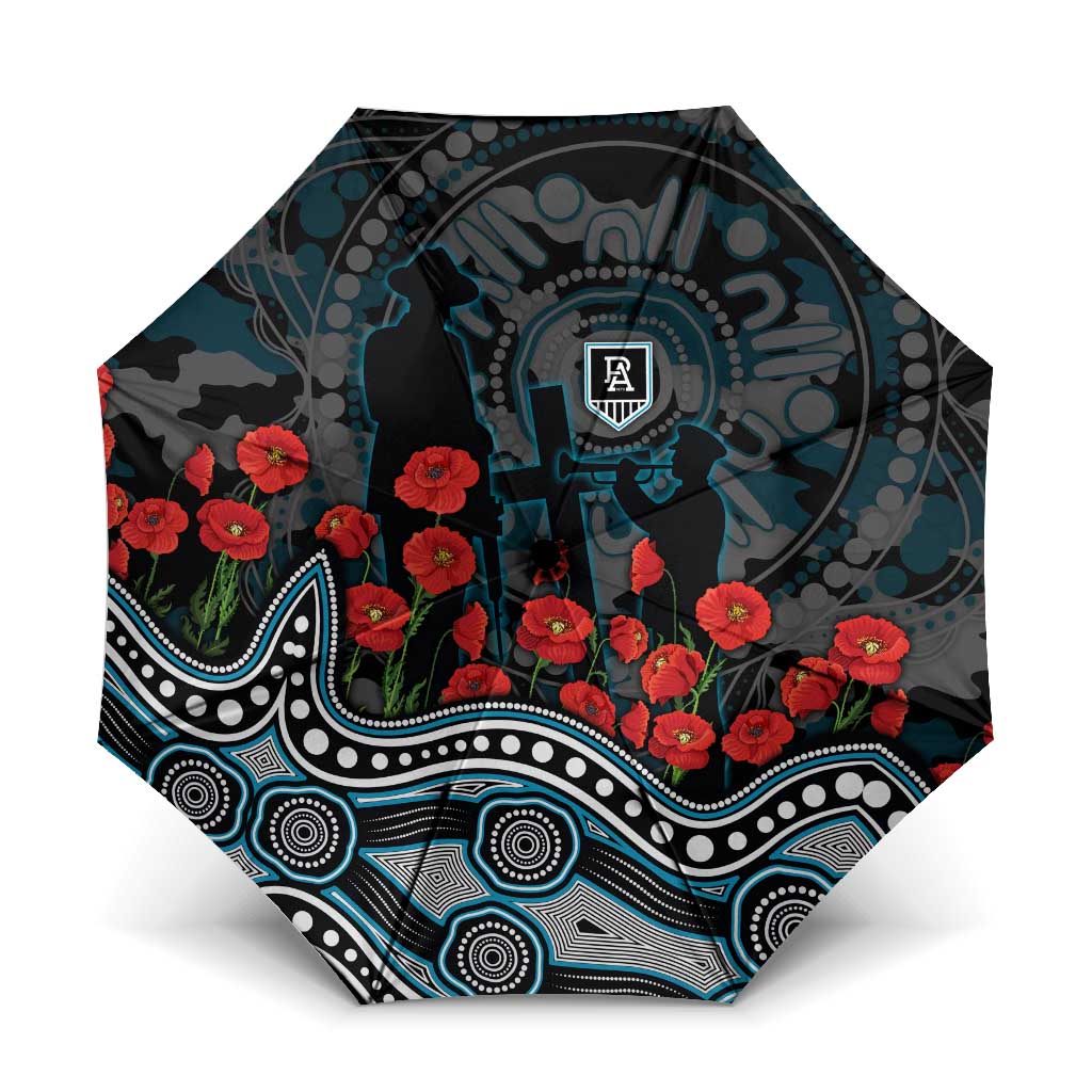 Port Adelaide Power ANZAC Day Umbrella Indigenous Dot Art with Poppy Flower Tribute